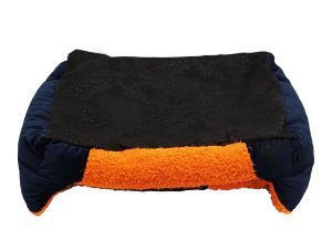Легло правоъгълно, за кучета и котки Whome, Пухено, Размер L, Тъмно син/Оранжев, с махаща се възглавничка